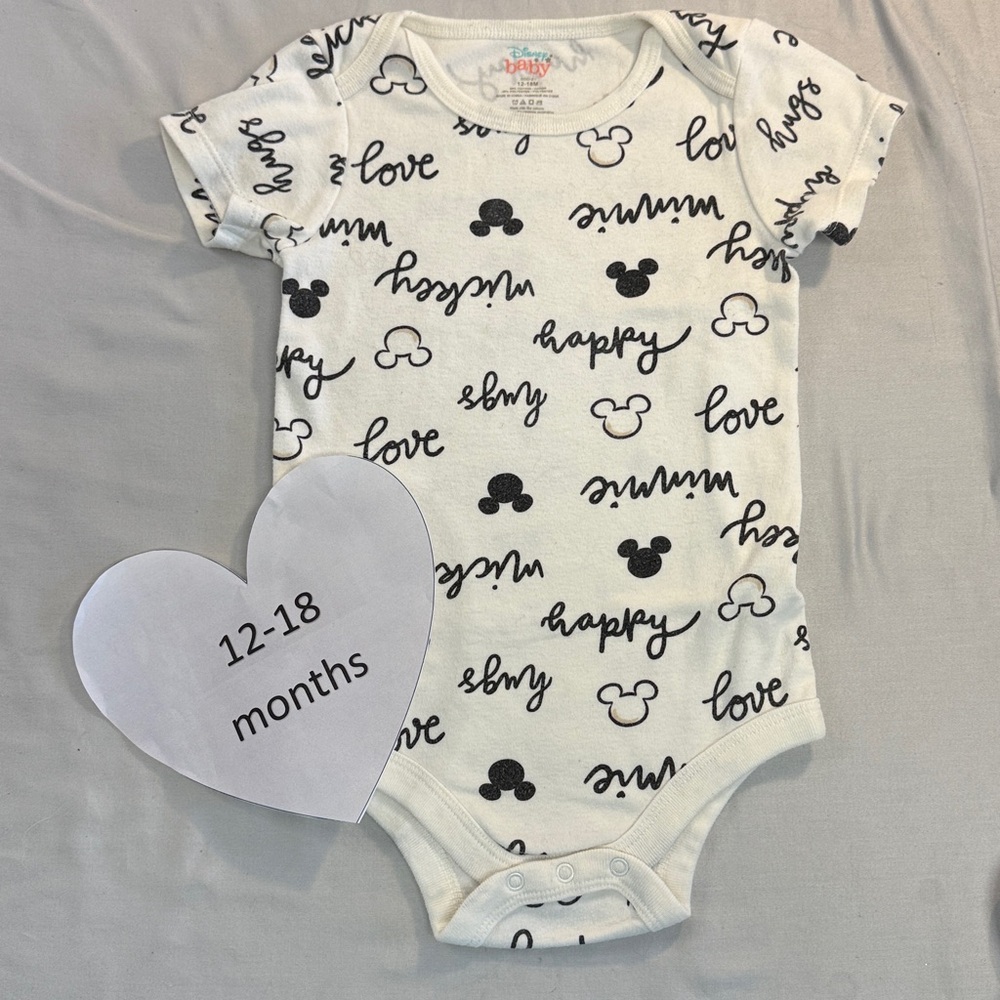 Disney - Short Sleeve Cream and Black Mickey Mouse Patterned Bodysuit/Onesie